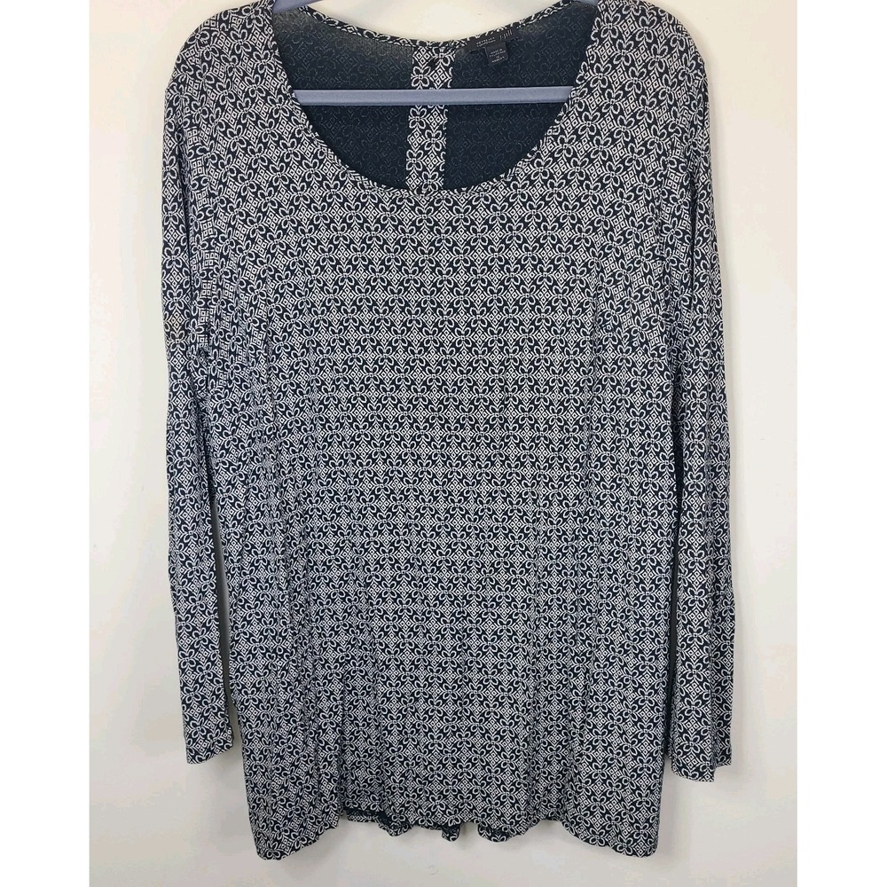 J Jill Wearever Tunic Top Womens L Black White Rayon Button Back Stretch